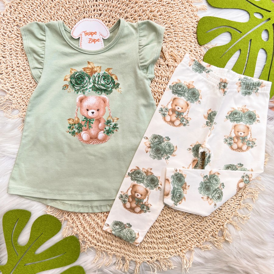 Conj. Blusa Ursinha com Flores Verde e Legging - Off White e Verde